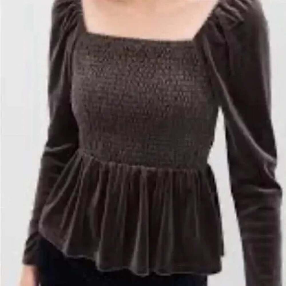 GAP Women Velvet Smocked Bust Peplum Hem Long Sleeve Top Sz L Brown 7a-2